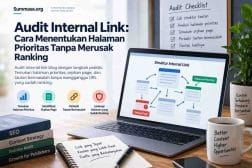 Ilustrasi audit internal link dengan diagram struktur tautan, halaman prioritas, orphan page, dan checklist SEO.