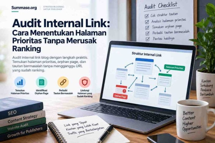 Ilustrasi audit internal link dengan diagram struktur tautan, halaman prioritas, orphan page, dan checklist SEO.