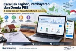 Ilustrasi cara cek PBB online menggunakan NOP melalui laptop dan ponsel untuk melihat tagihan, denda, dan riwayat pembayaran.
