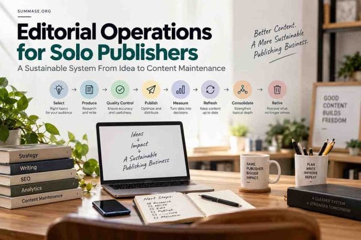 Editorial operations for solo publishers illustrated as a content workflow from topic selection and quality control to publishing, measurement, and maintenance.