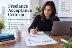 Freelancer reviewing project deliverables and an approval checklist to verify acceptance criteria before client sign-off.