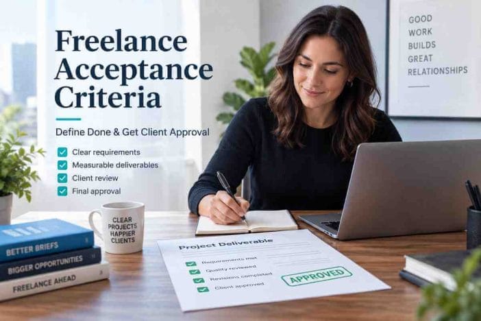 Freelancer reviewing project deliverables and an approval checklist to verify acceptance criteria before client sign-off.