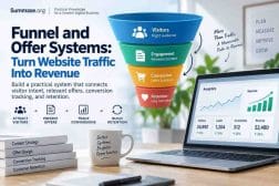 Infographic illustrating funnel and offer systems connecting website visitors, engagement, conversions, and retention to measurable revenue.