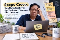 Ilustrasi freelancer memeriksa revisi dan tambahan pekerjaan klien di luar kesepakatan proyek.