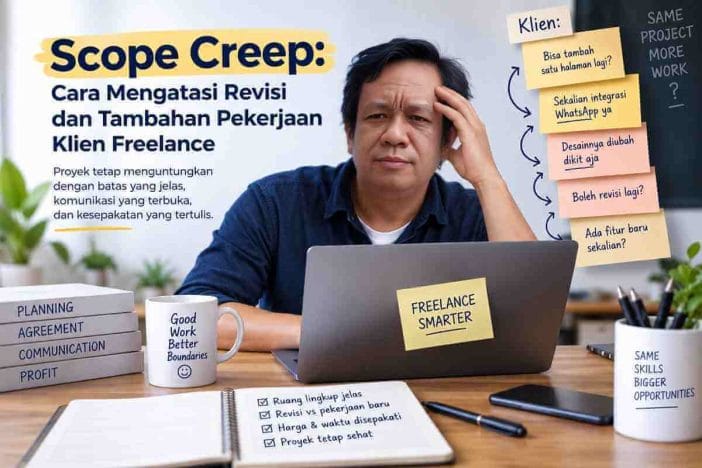 Ilustrasi freelancer memeriksa revisi dan tambahan pekerjaan klien di luar kesepakatan proyek.