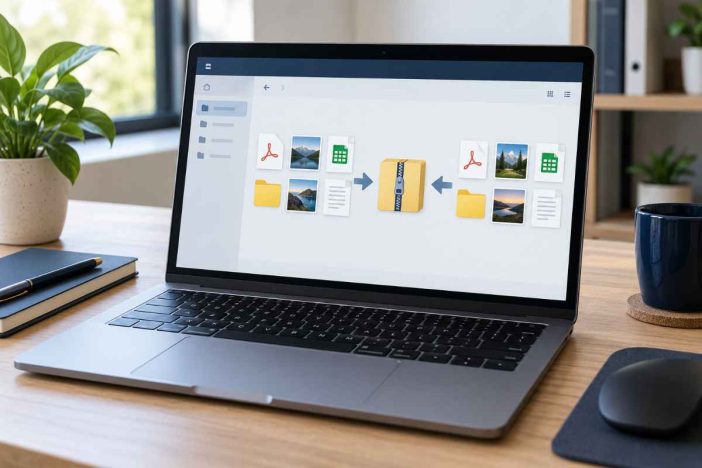 Ekstrak ZIP online menggunakan laptop dengan arsip ZIP, folder, dan dokumen digital