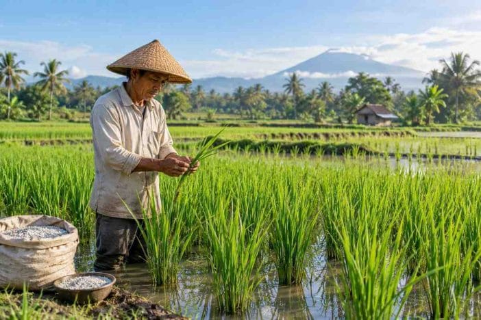Petani memeriksa tanaman sebelum menentukan jadwal pemupukan padi berdasarkan fase pertumbuhan